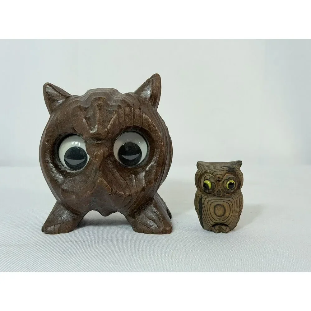 Vintage Cryptomeria Wood Carved Owl Lot of 4 Folk Art Big Eyes Woodland Forest
